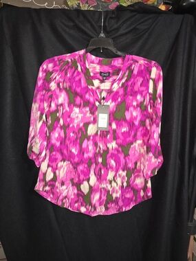 Jones New York Hot Pink, Gray & Cream V-Neck Blouse